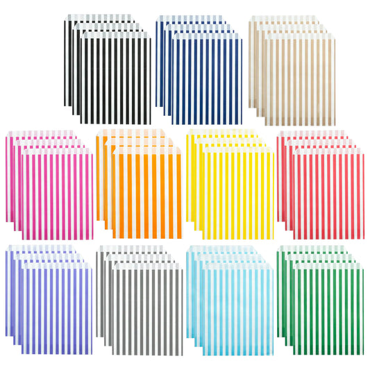 HiFEN® 100Pcs striped Candy Bags Assorted Colors (5” x 7”) Perfect for Sweet, Paper Bags For Party Favors, Weddings, Birthdays, Baby Showers, and Gift Wrapping