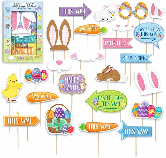 Hifen® 20PCS Easter Party 𝐏𝐡𝐨𝐭𝐨 𝐁𝐨𝐨𝐭𝐡 Props, Bunny Ears, Eggs Signs & Sticks | Colorful Photo Props for Kids & Adults, Easter Hunt Decorations with Giant Blow Up Frame Celebration Party Prop