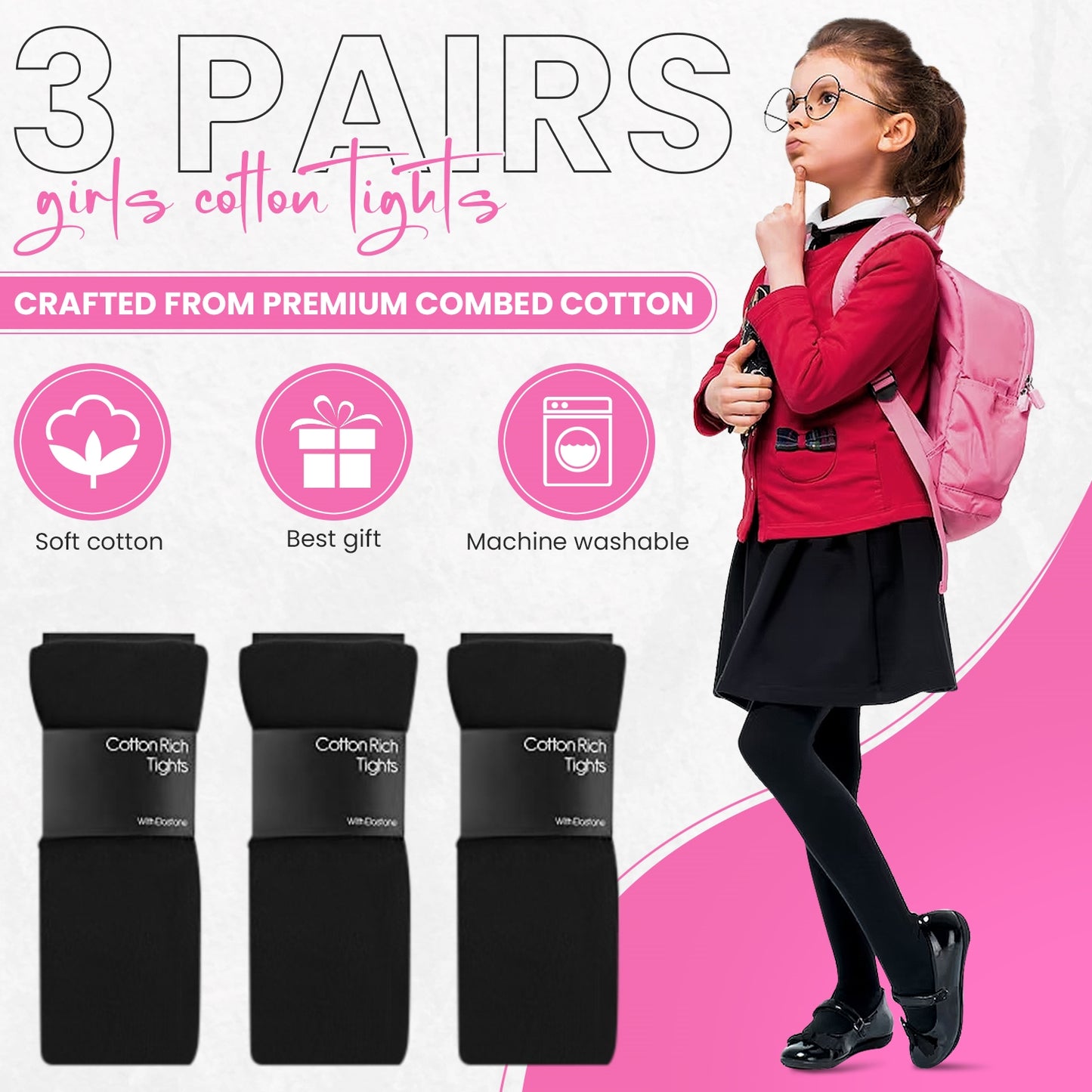3 Pairs Girls Cotton Rich Plain School Tights Warm Soft Thick Tights