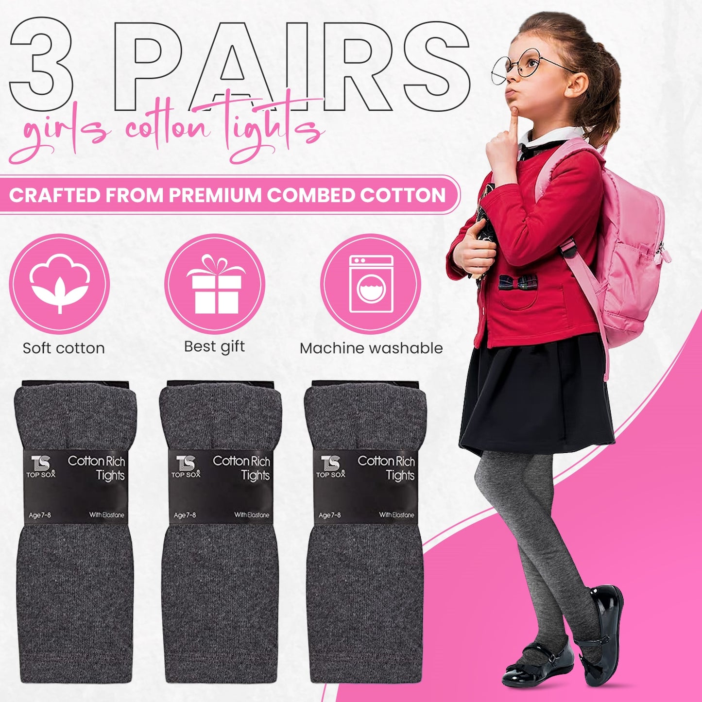 3 Pairs Girls Cotton Rich Plain School Tights Warm Soft Thick Tights