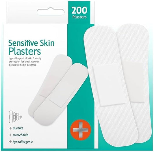 HiFEN® Sensitive Skin Assorted Waterproof Plasters – 200 Mixed Sizes | Hypoallergenic, Strong Adhesive, Breathable & Latex-Free | Blister & Wound Care, First Aid Kit Essential