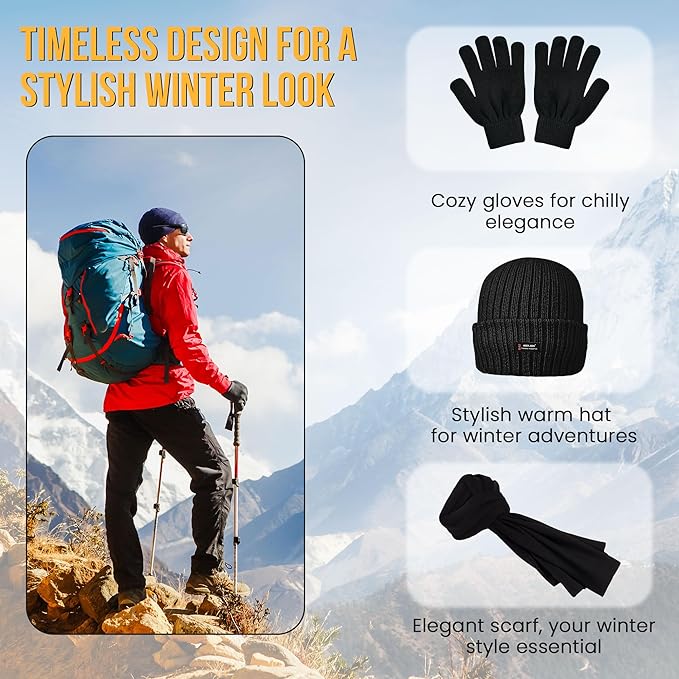 Men’s Winter Beanie Hat, Scarf & Gloves Set – Fleece Lined, Thermal Cold Weather Accessories