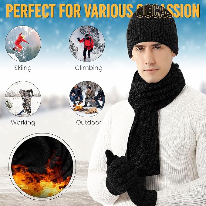 Men’s Winter Beanie Hat, Scarf & Gloves Set – Fleece Lined, Thermal Cold Weather Accessories