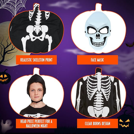 Kids Skeleton Costume with Mask – Halloween Fancy Dress Jumpsuit (Ages 7–12)