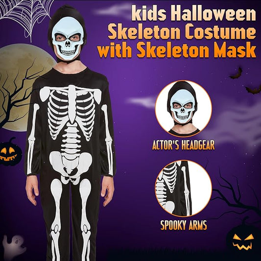 Kids Skeleton Costume with Mask – Halloween Fancy Dress Jumpsuit (Ages 7–12)