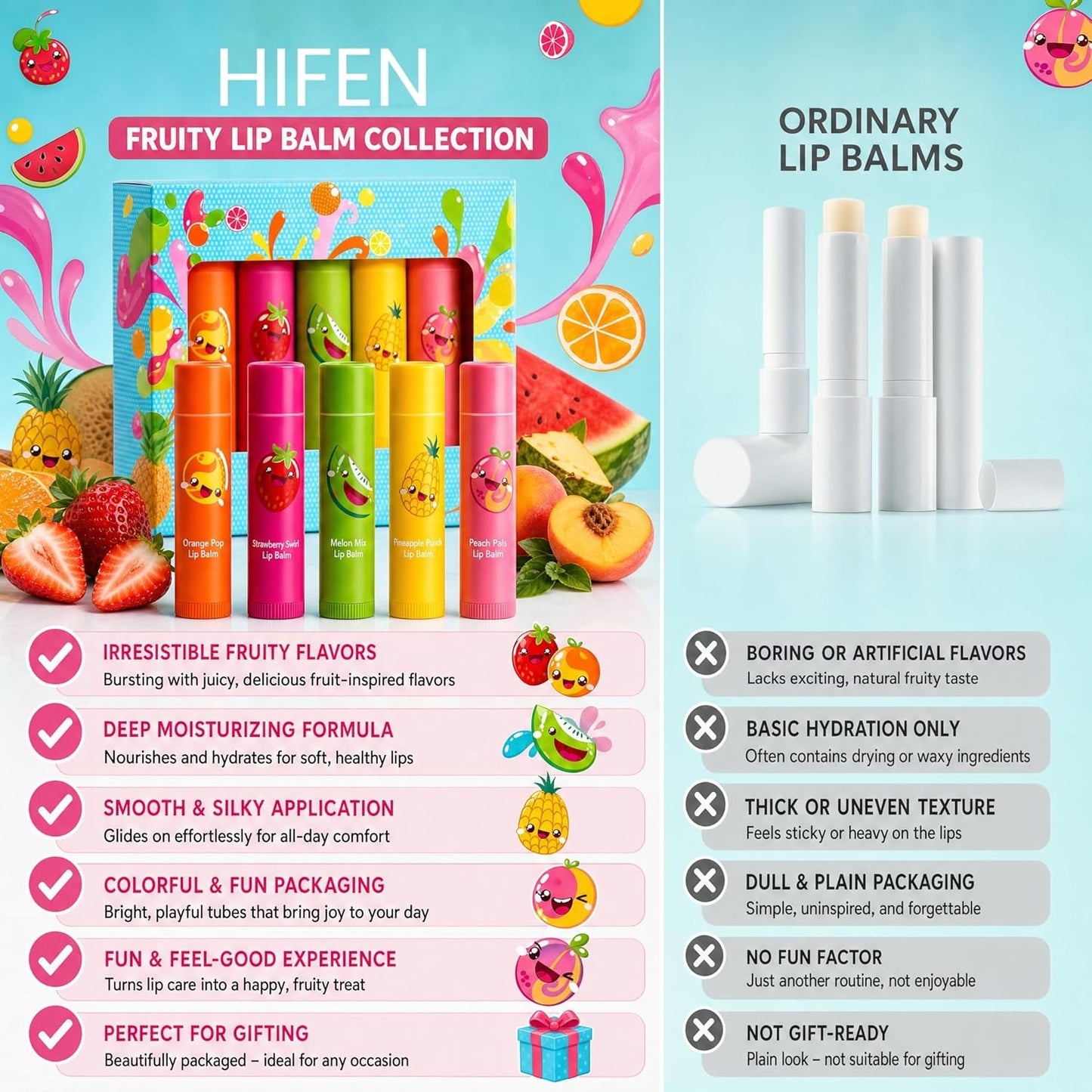 HiFEN® Lip Balm Collection, 5 Pack Assorted Fruity Flavours, Hydrating Lip Balm Multipack Sticks for Dry & Chapped Lips, Soft Smooth Daily Care for Girls, Teens & Gifting