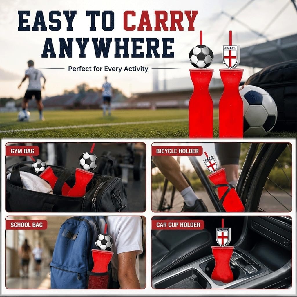 HiFEN® England Football Water Bottle, 500ml/18oz Leak Proof Lid Drinking Bottle with Straw, BPA-Free Easy Clean Hydration Bottle for Football Matches, Sporting Events, Gym & Travel, (Pack of 2)