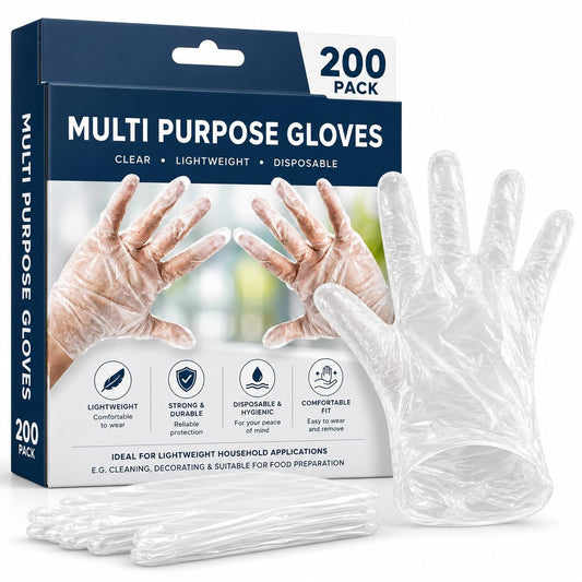 HiFEN® 200 Clear Disposable Gloves, Lightweight Latex & Powder Free Multi Purpose Plastic Gloves for Kitchen Food Prep, Cooking, Cleaning, Household Use & Touchscreen Compatible