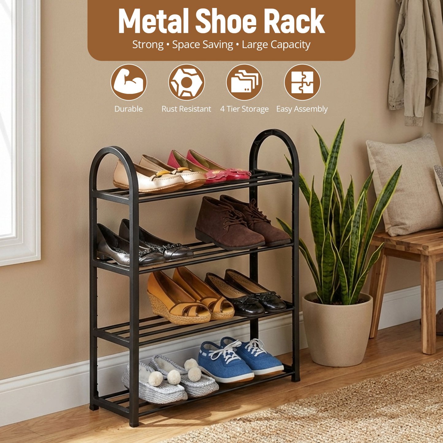 Metal Shoe Rack 4 Tiers – Adjustable Shoe Storage Organiser Shelf for Entryway, Hallway & Bedroom | Space-Saving Free-Standing Shoe Stand with Large Capacity Durable – Easy Assemble Shoe Storage Rack