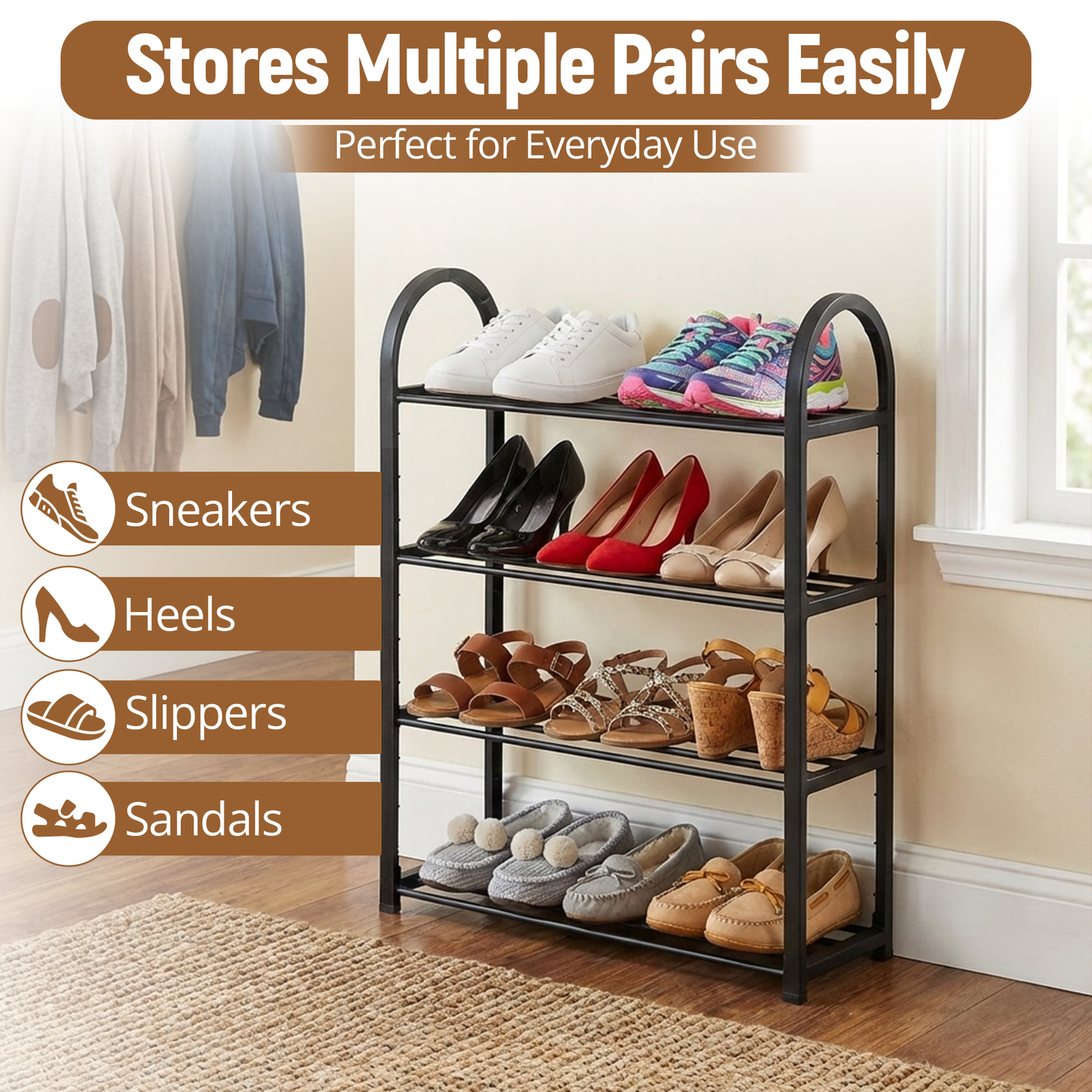 Metal Shoe Rack 4 Tiers – Adjustable Shoe Storage Organiser Shelf for Entryway, Hallway & Bedroom | Space-Saving Free-Standing Shoe Stand with Large Capacity Durable – Easy Assemble Shoe Storage Rack