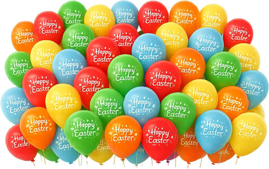 48 Pcs Easter Balloons Decoration, 10 Inch Large Printed Happy Easter & Egg Latex Balloons, Assorted Colours, Party Decorations for Home, Garden, Indoor and Outdoor Easter Party Supplies & Favours