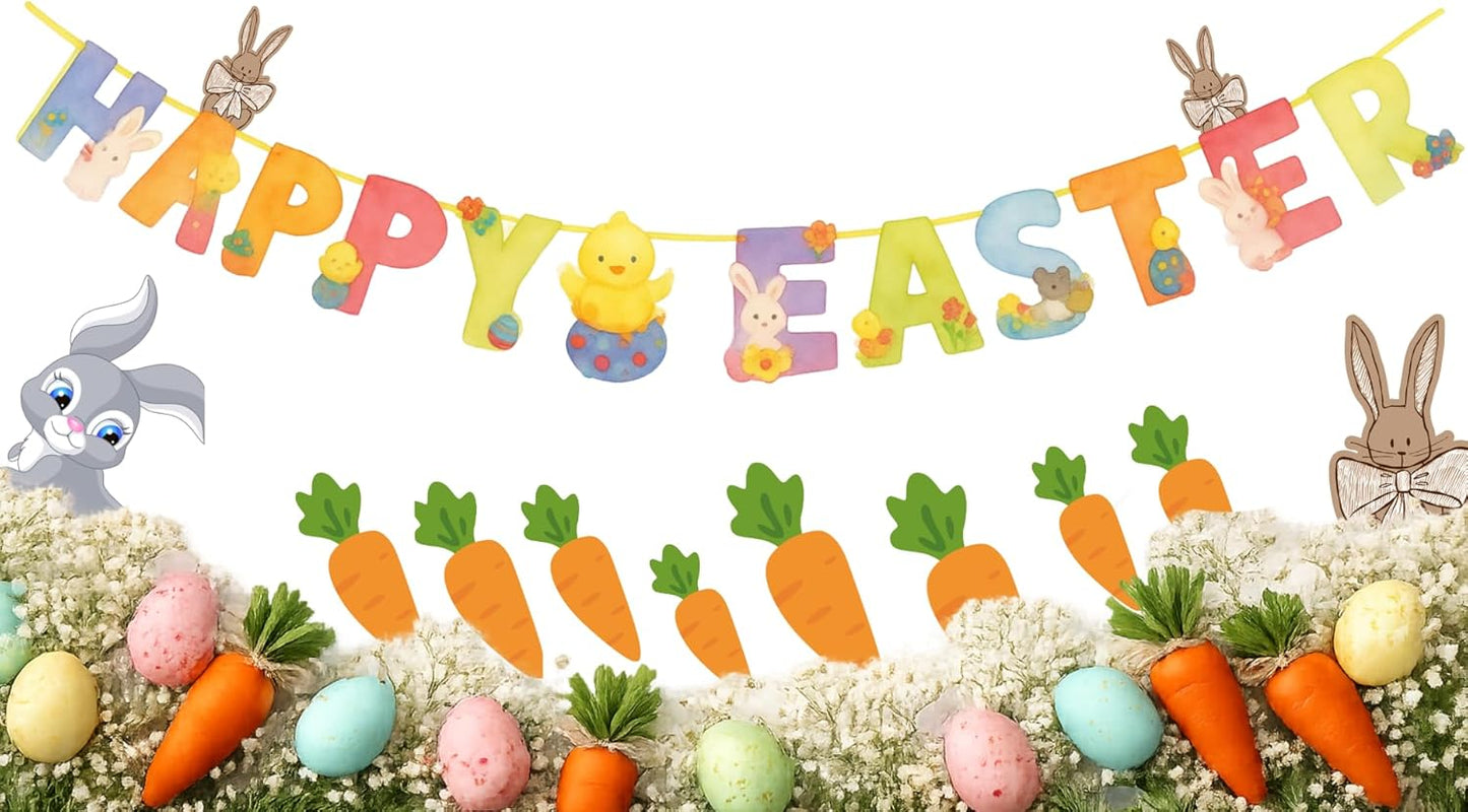 HiFEN® Easter Decorations, Happy Easting Banner with Carrots, Easter Bunting, Egg Hunt Banner, Happy Easter Sign, Party Props & Outdoor Décor, Home Decorations