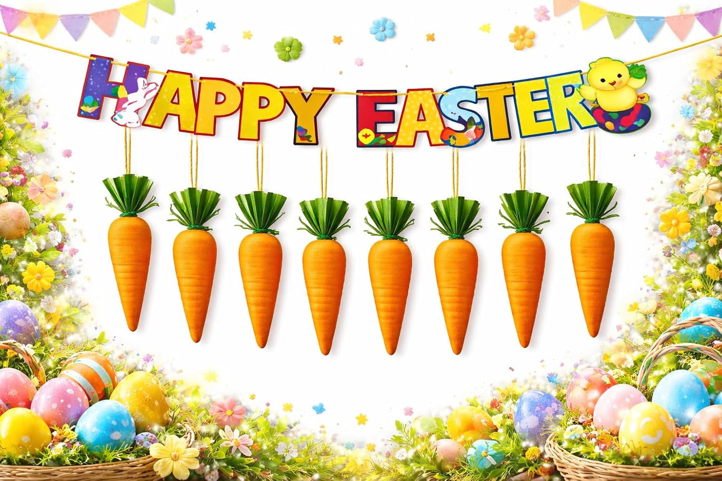 HiFEN® Easter Decorations, Happy Easting Banner with Carrots, Easter Bunting, Egg Hunt Banner, Happy Easter Sign, Party Props & Outdoor Décor, Home Decorations