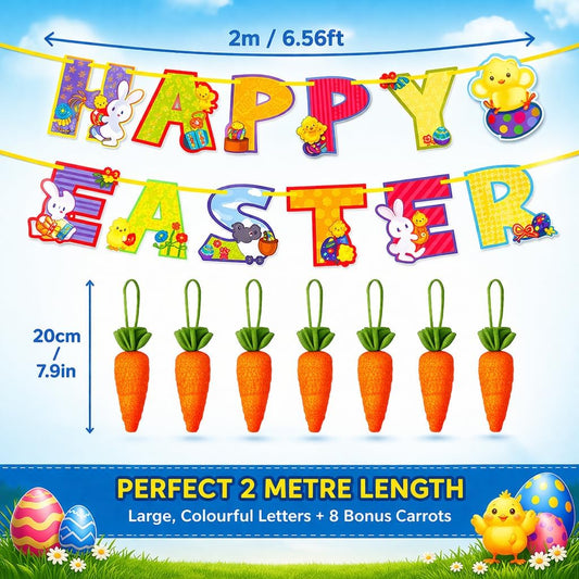 HiFEN® Easter Decorations, Happy Easting Banner with Carrots, Easter Bunting, Egg Hunt Banner, Happy Easter Sign, Party Props & Outdoor Décor, Home Decorations
