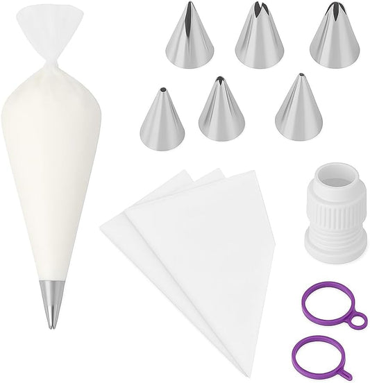 Cake Decorating Piping Kit – 100 Disposable Bags, 6 Nozzles, 1 Coupler & 2 Cake Ties
