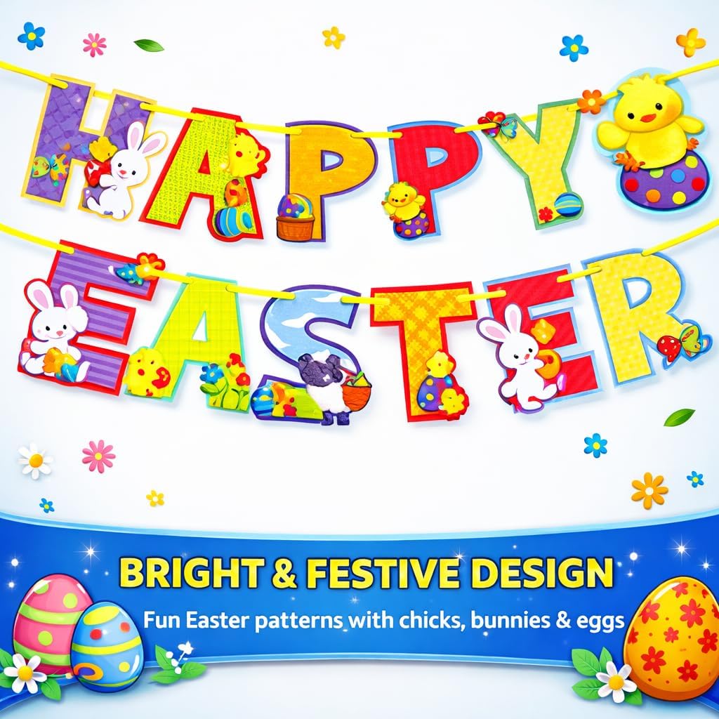 HiFEN® Easter Decorations, Happy Easting Banner with Carrots, Easter Bunting, Egg Hunt Banner, Happy Easter Sign, Party Props & Outdoor Décor, Home Decorations