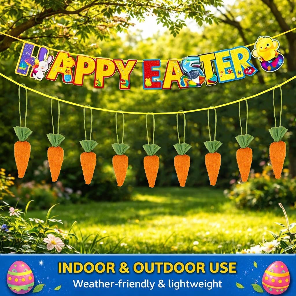 HiFEN® Easter Decorations, Happy Easting Banner with Carrots, Easter Bunting, Egg Hunt Banner, Happy Easter Sign, Party Props & Outdoor Décor, Home Decorations