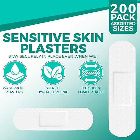 HiFEN® Sensitive Skin Assorted Waterproof Plasters – 200 Mixed Sizes | Hypoallergenic, Strong Adhesive, Breathable & Latex-Free | Blister & Wound Care, First Aid Kit Essential