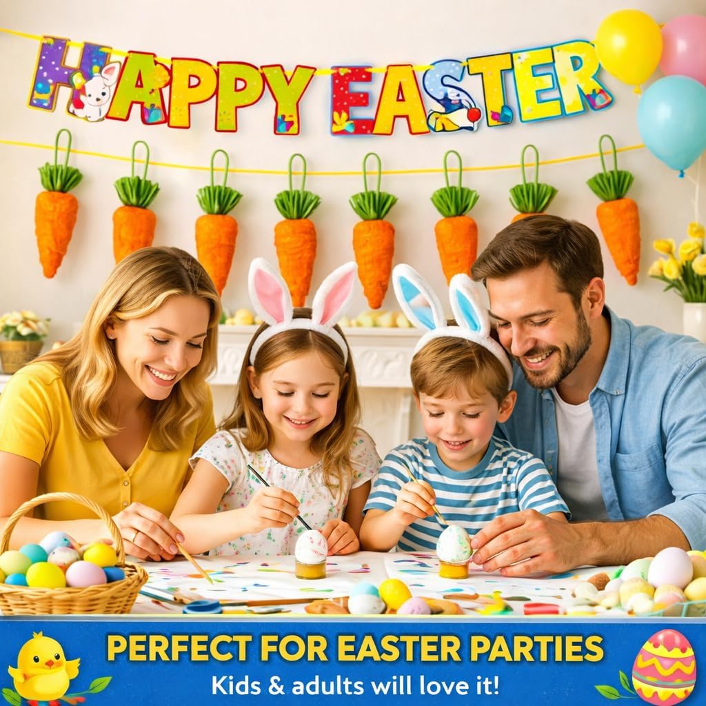 HiFEN® Easter Decorations, Happy Easting Banner with Carrots, Easter Bunting, Egg Hunt Banner, Happy Easter Sign, Party Props & Outdoor Décor, Home Decorations