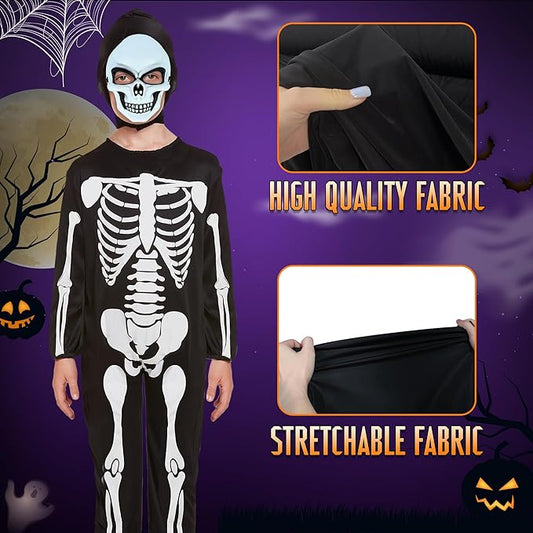 Kids Skeleton Costume with Mask – Halloween Fancy Dress Jumpsuit (Ages 7–12)