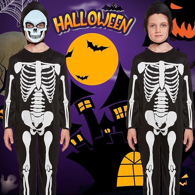 Kids Skeleton Costume with Mask – Halloween Fancy Dress Jumpsuit (Ages 7–12)