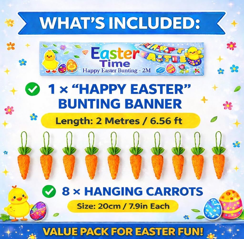 HiFEN® Easter Decorations, Happy Easting Banner with Carrots, Easter Bunting, Egg Hunt Banner, Happy Easter Sign, Party Props & Outdoor Décor, Home Decorations