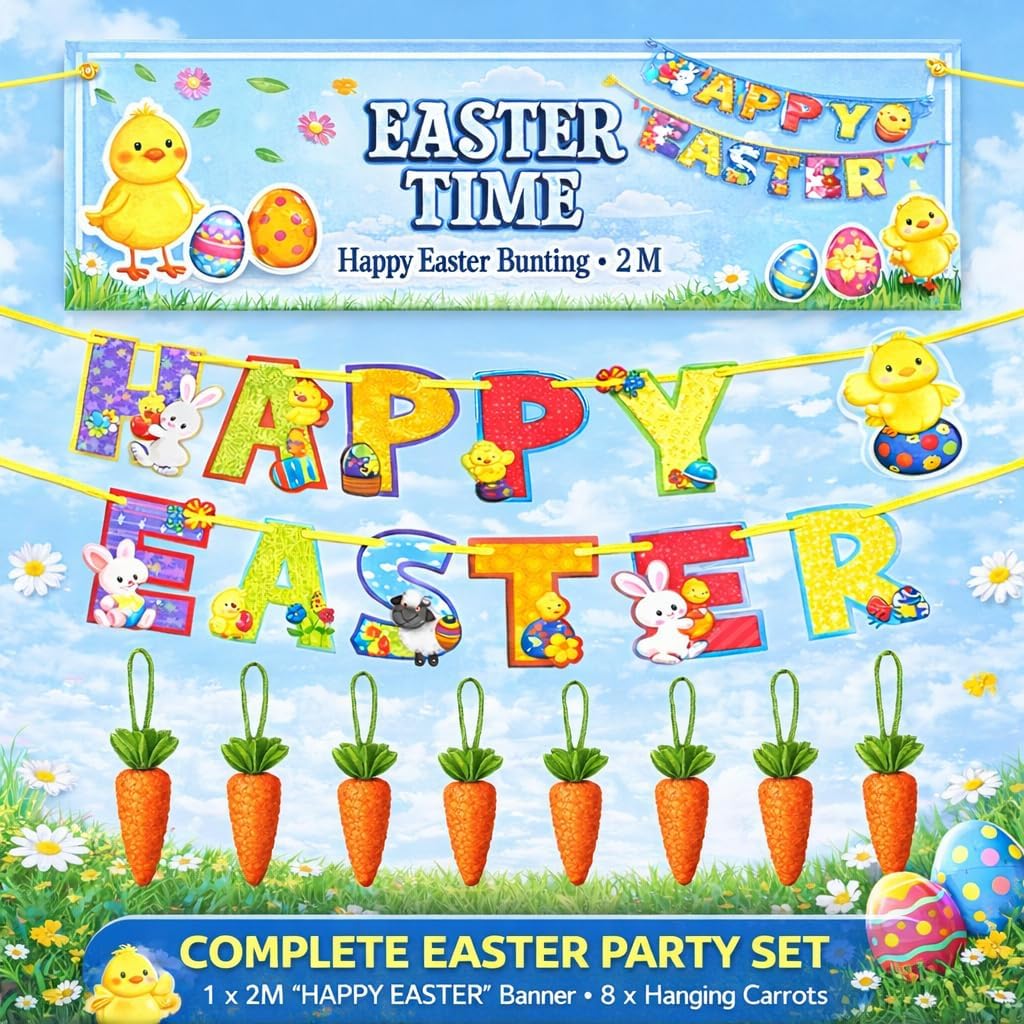 HiFEN® Easter Decorations, Happy Easting Banner with Carrots, Easter Bunting, Egg Hunt Banner, Happy Easter Sign, Party Props & Outdoor Décor, Home Decorations