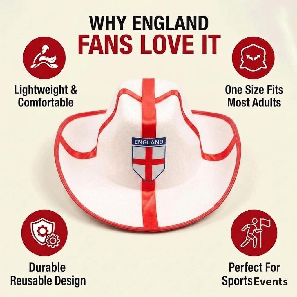 HiFEN® England Cowboy Hat for Adults, St George’s Flag Western Fancy Dress Hat for Rugby, Cricket, Football World Cup, Euros, St George’s Day, Festivals, Sporting Events and Costume Parties