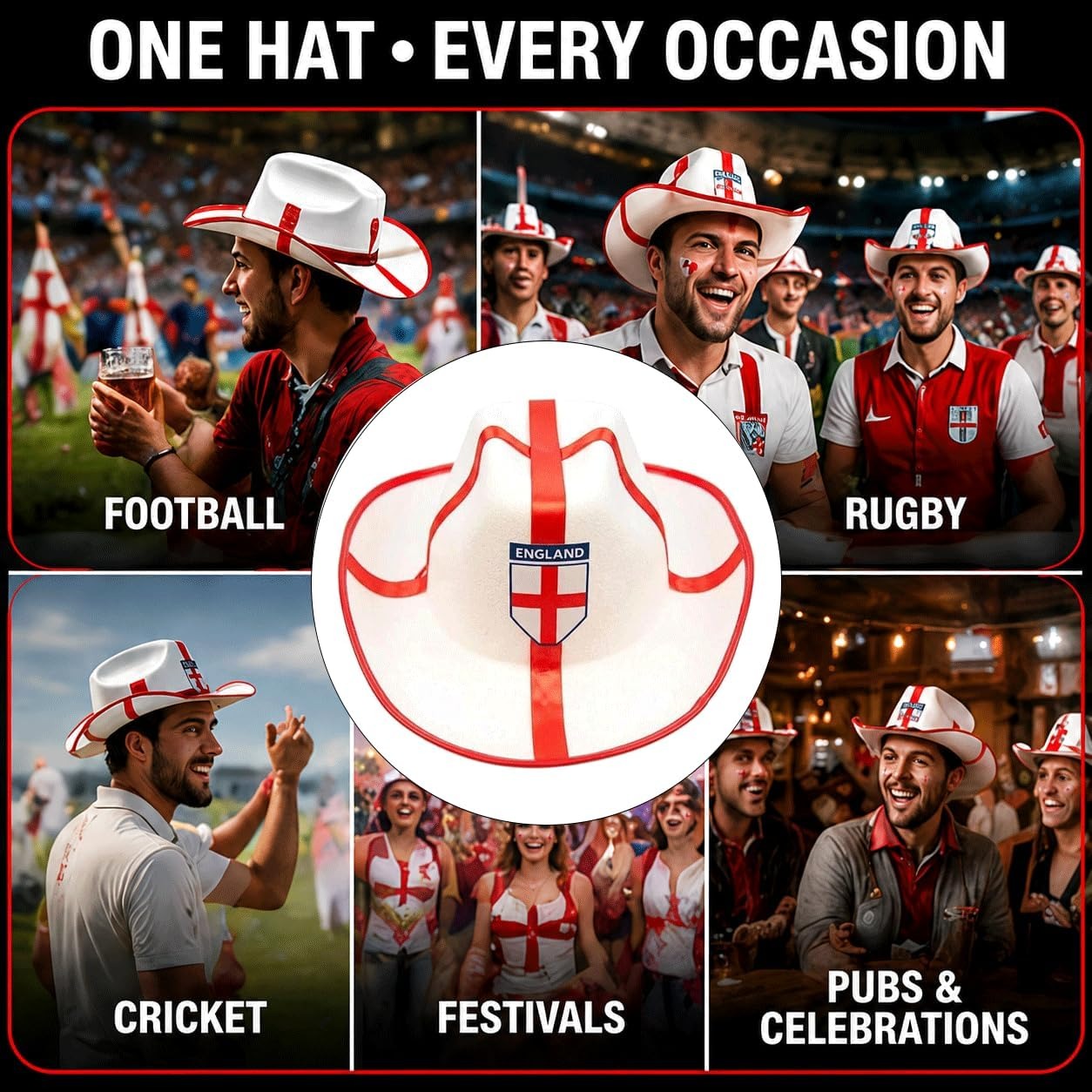 HiFEN® England Cowboy Hat for Adults, St George’s Flag Western Fancy Dress Hat for Rugby, Cricket, Football World Cup, Euros, St George’s Day, Festivals, Sporting Events and Costume Parties