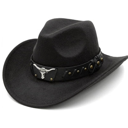 HiFEN® Cowboy Hat for Men and Women Western Cowboy Hat with Metal Bull Head Unisex Wide Brim Adjustable Cowboy Outfit Accessory for Outdoor Activities (Black & Brown)