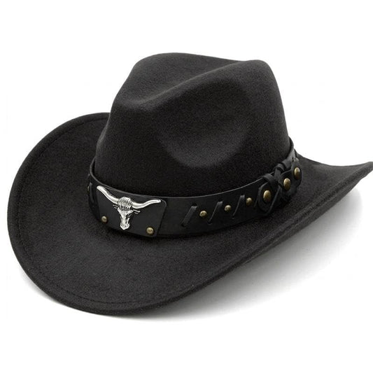 HiFEN® Cowboy Hat for Men and Women Western Cowboy Hat with Metal Bull Head Unisex Wide Brim Adjustable Cowboy Outfit Accessory for Outdoor Activities (Black & Brown)