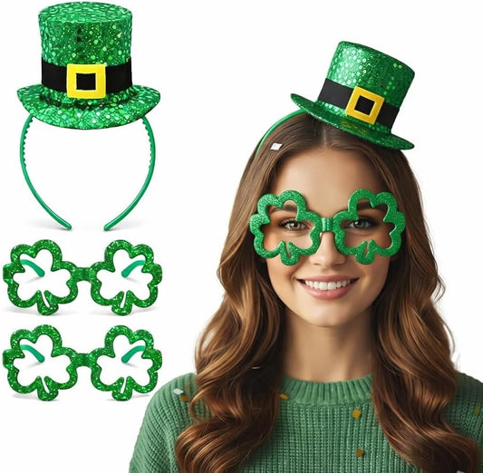 St Patricks Day Accessories Set – Green Glitter Mini Top Irish Hat | Green Headband & 2 Shamrock Party Glasses – St Paddy’s Day Leprechaun Costume, Fancy Dress Fun Celebration Outfit for Adults & Kids