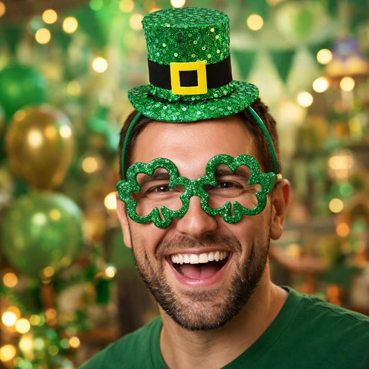 St Patricks Day Accessories Set – Green Glitter Mini Top Irish Hat | Green Headband & 2 Shamrock Party Glasses – St Paddy’s Day Leprechaun Costume, Fancy Dress Fun Celebration Outfit for Adults & Kids