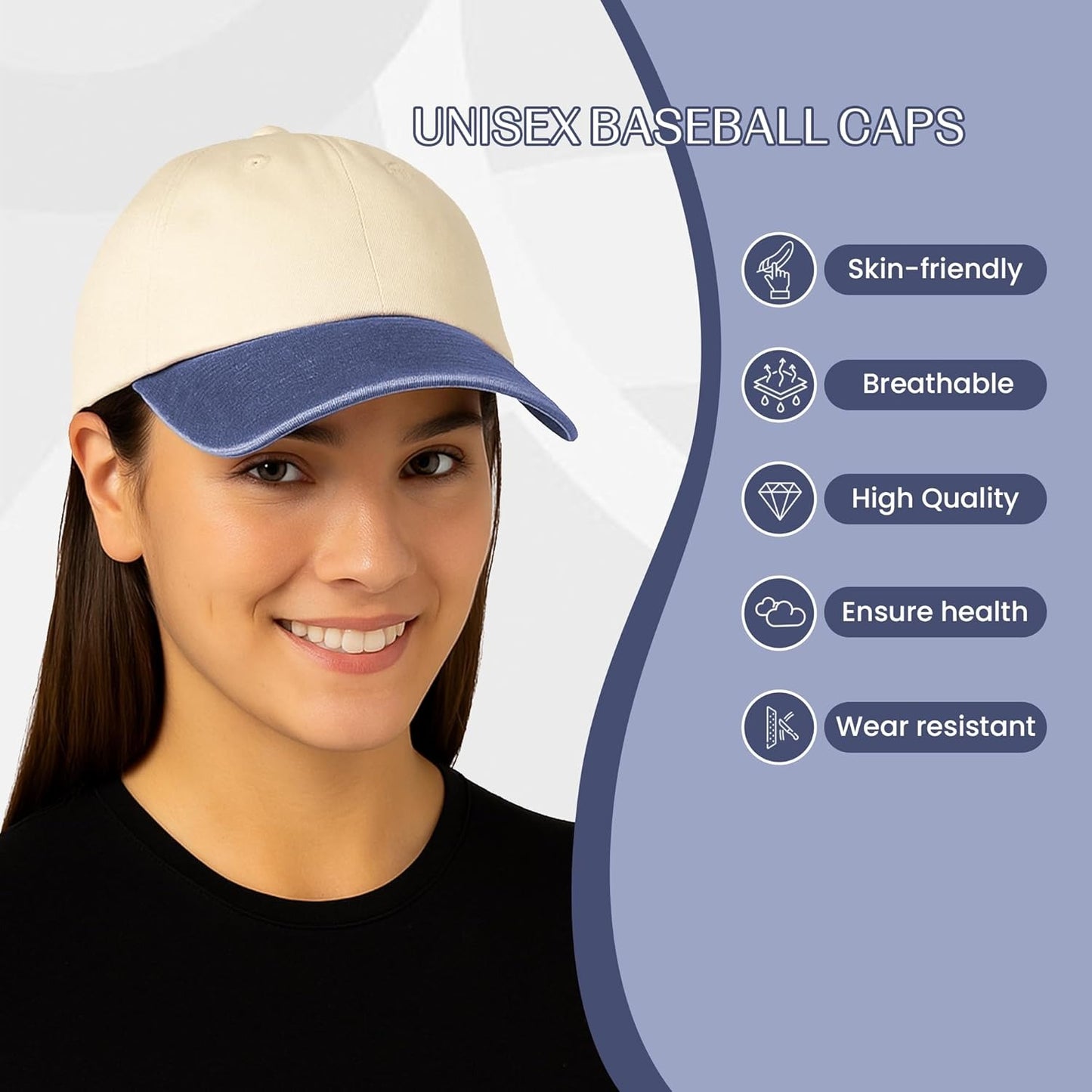 HiFEN® Unisex Low Profile Vintage Cap 100% Natural Cotton Adult 6 Panel Pre-Curved Plain Adjustable Baseball Cap with Contrast Peak