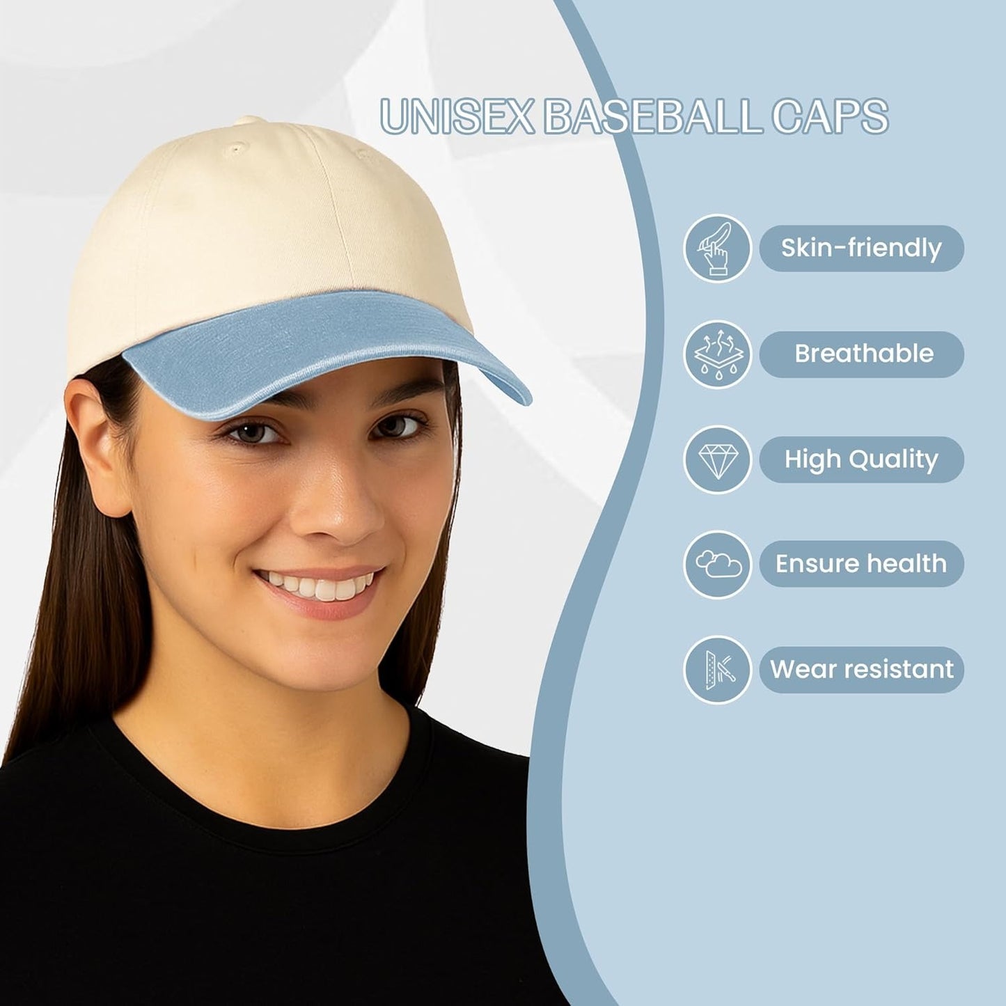 HiFEN® Unisex Low Profile Vintage Cap 100% Natural Cotton Adult 6 Panel Pre-Curved Plain Adjustable Baseball Cap with Contrast Peak