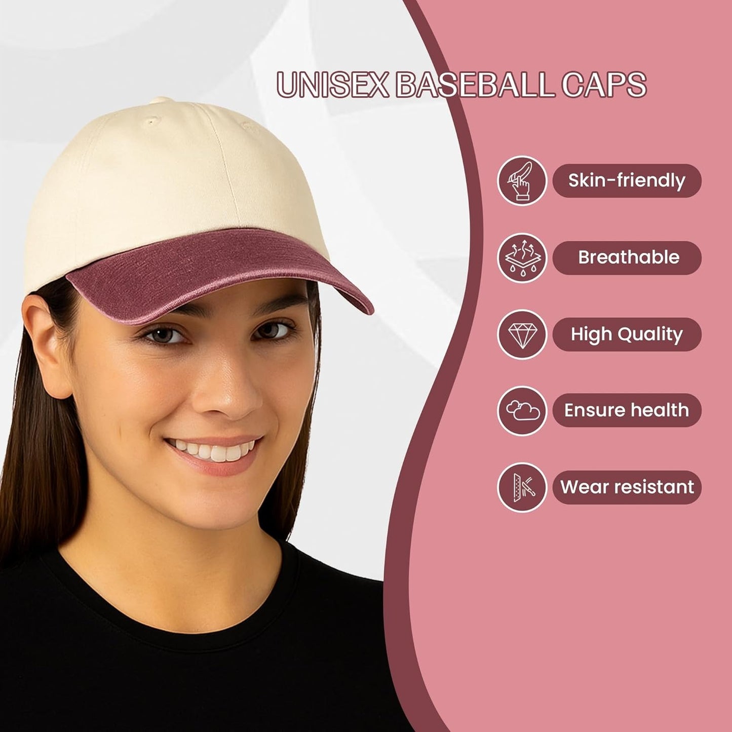HiFEN® Unisex Low Profile Vintage Cap 100% Natural Cotton Adult 6 Panel Pre-Curved Plain Adjustable Baseball Cap with Contrast Peak