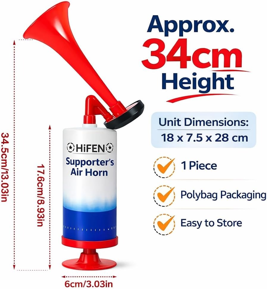 34cm Large Air Horn Handheld, Extreme Loud Airhorn, Sports Event Noise Maker Air Horns, Marine Safety Airhorns, Football Supporter’s Pump – (Red, Pack of 1)