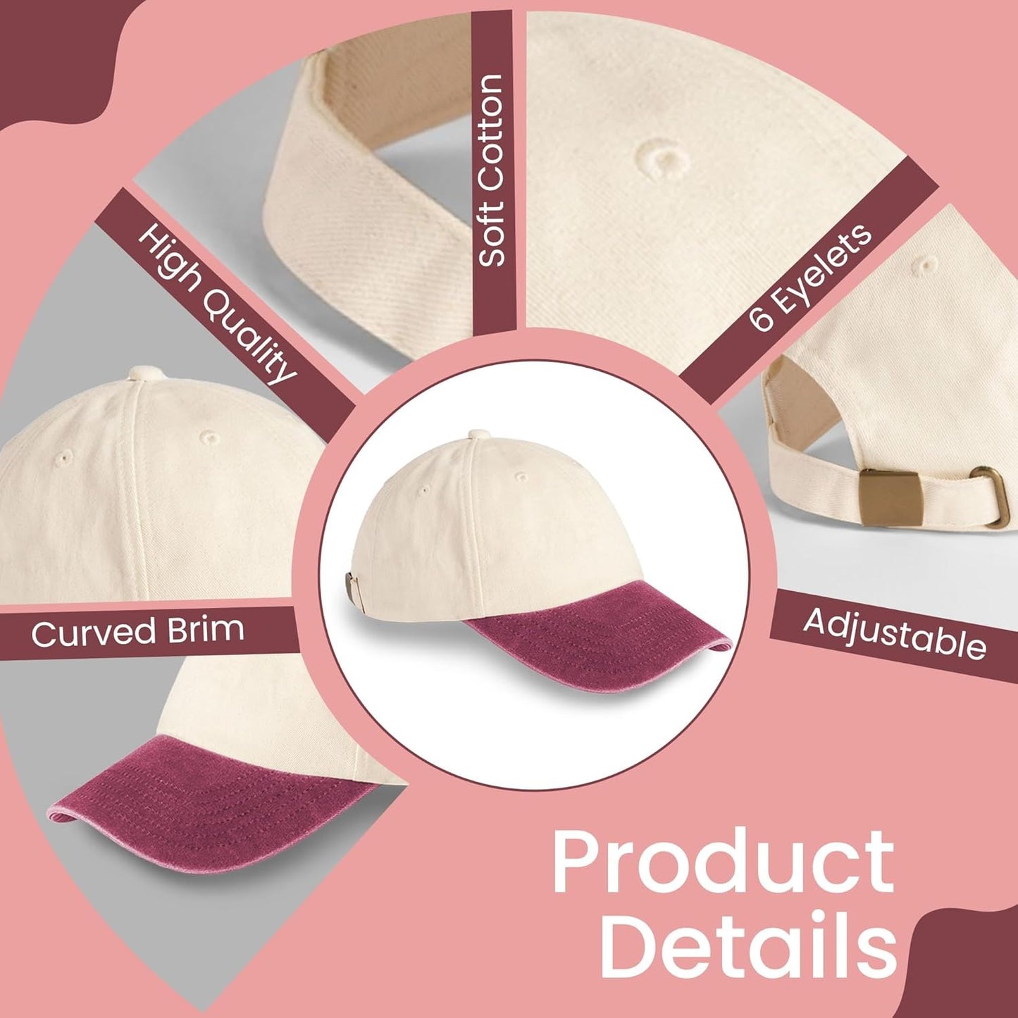 HiFEN® Unisex Low Profile Vintage Cap 100% Natural Cotton Adult 6 Panel Pre-Curved Plain Adjustable Baseball Cap with Contrast Peak