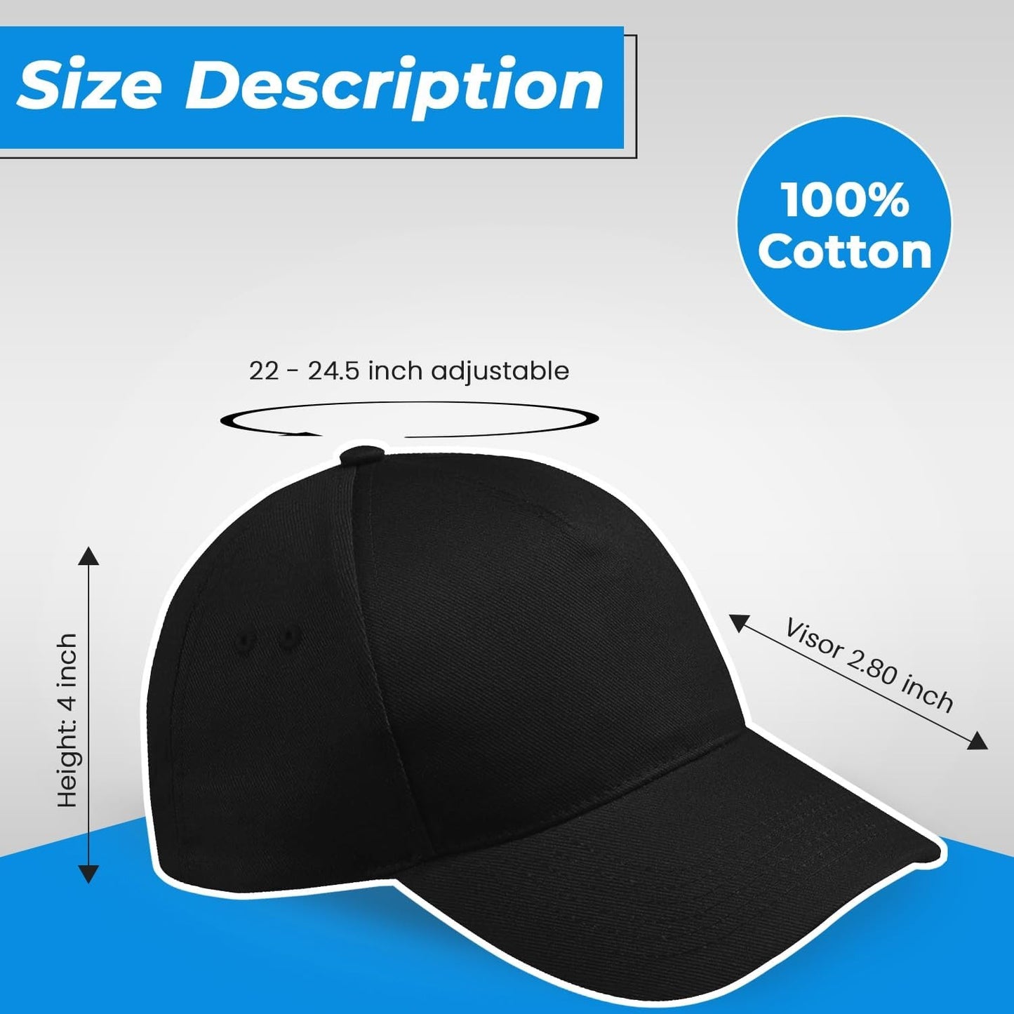 HiFEN® Men Women Baseball Cap, 5 Panel 100% Cotton Summer Sun Cap, Unisex Adjustable Lightweight Hat, Adult Pre-Curved Breathable Peaked Cap