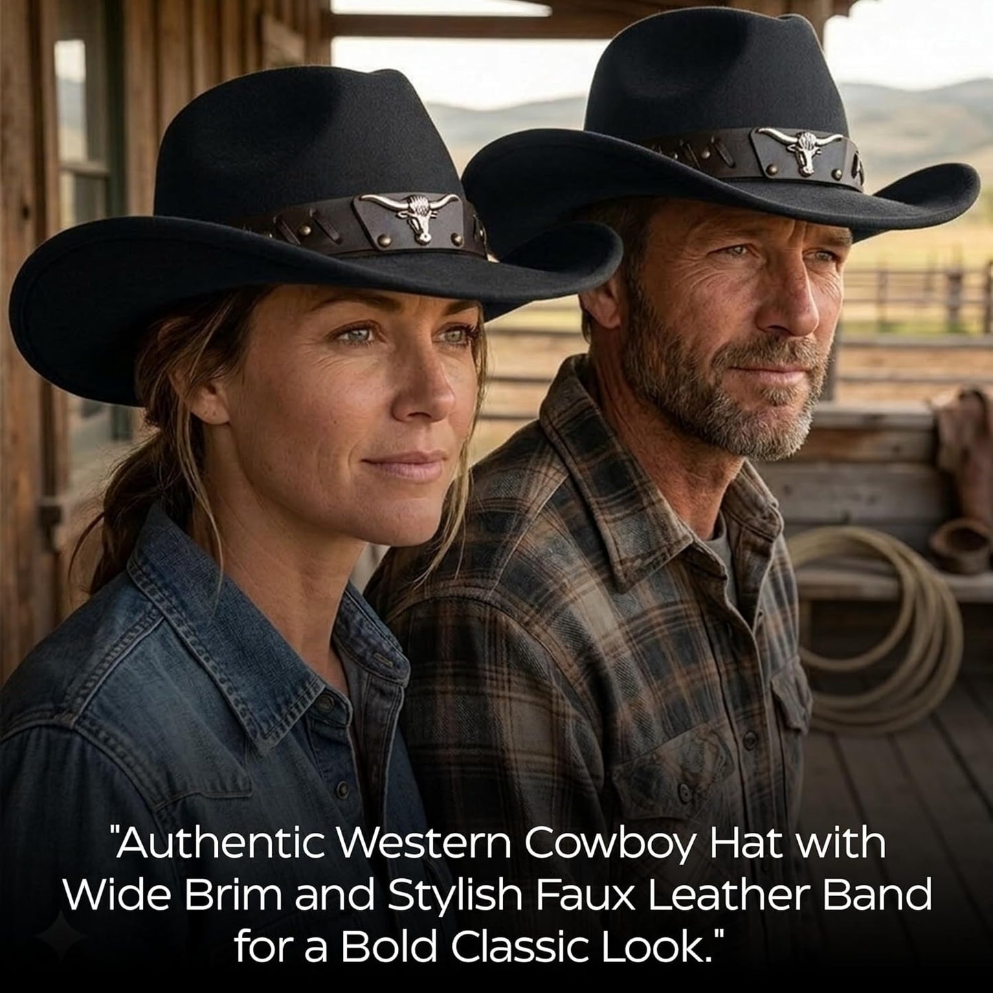 HiFEN® Cowboy Hat for Men and Women Western Cowboy Hat with Metal Bull Head Unisex Wide Brim Adjustable Cowboy Outfit Accessory for Outdoor Activities (Black & Brown)