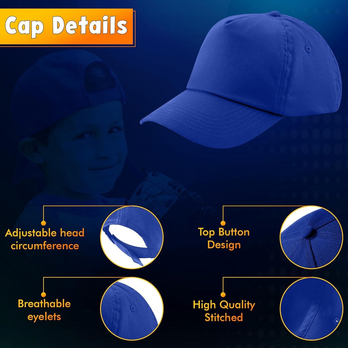HiFEN® Unisex Kids 5 Panel Pre-Curved Plain Adjustable Baseball Cap Outdoor Summer Sun Hat