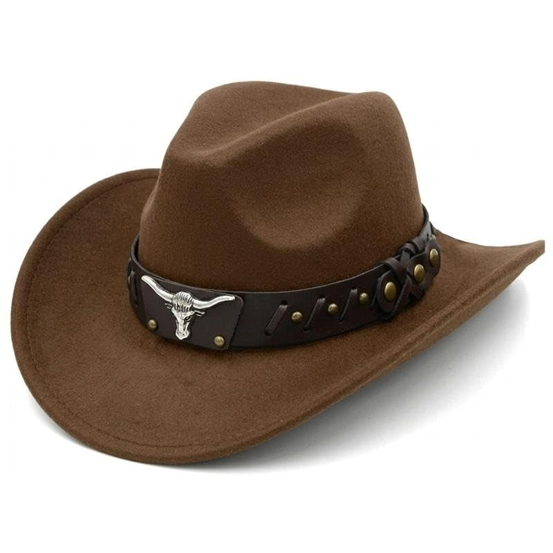 HiFEN® Cowboy Hat for Men and Women Western Cowboy Hat with Metal Bull Head Unisex Wide Brim Adjustable Cowboy Outfit Accessory for Outdoor Activities (Black & Brown)