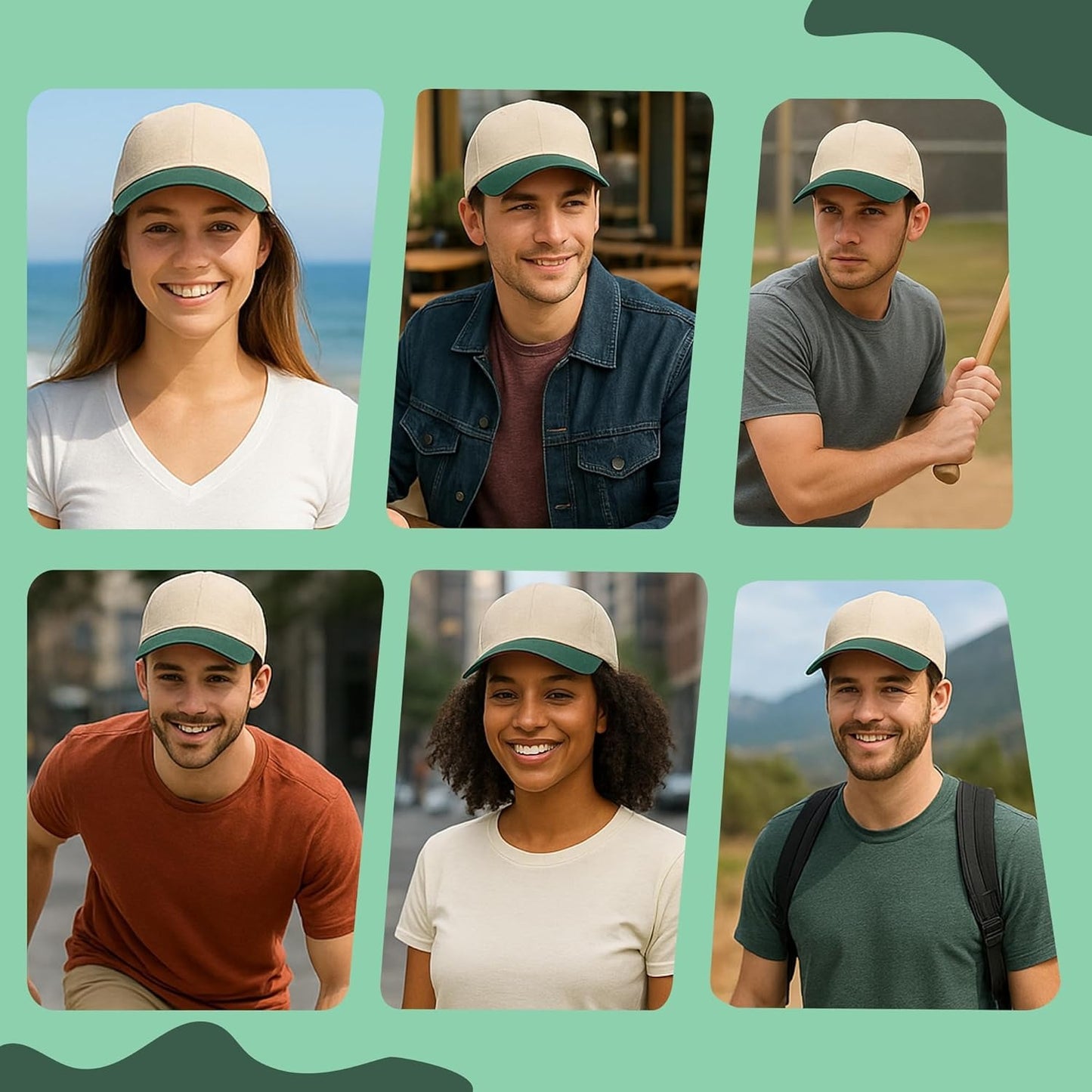 HiFEN® Unisex Low Profile Vintage Cap 100% Natural Cotton Adult 6 Panel Pre-Curved Plain Adjustable Baseball Cap with Contrast Peak