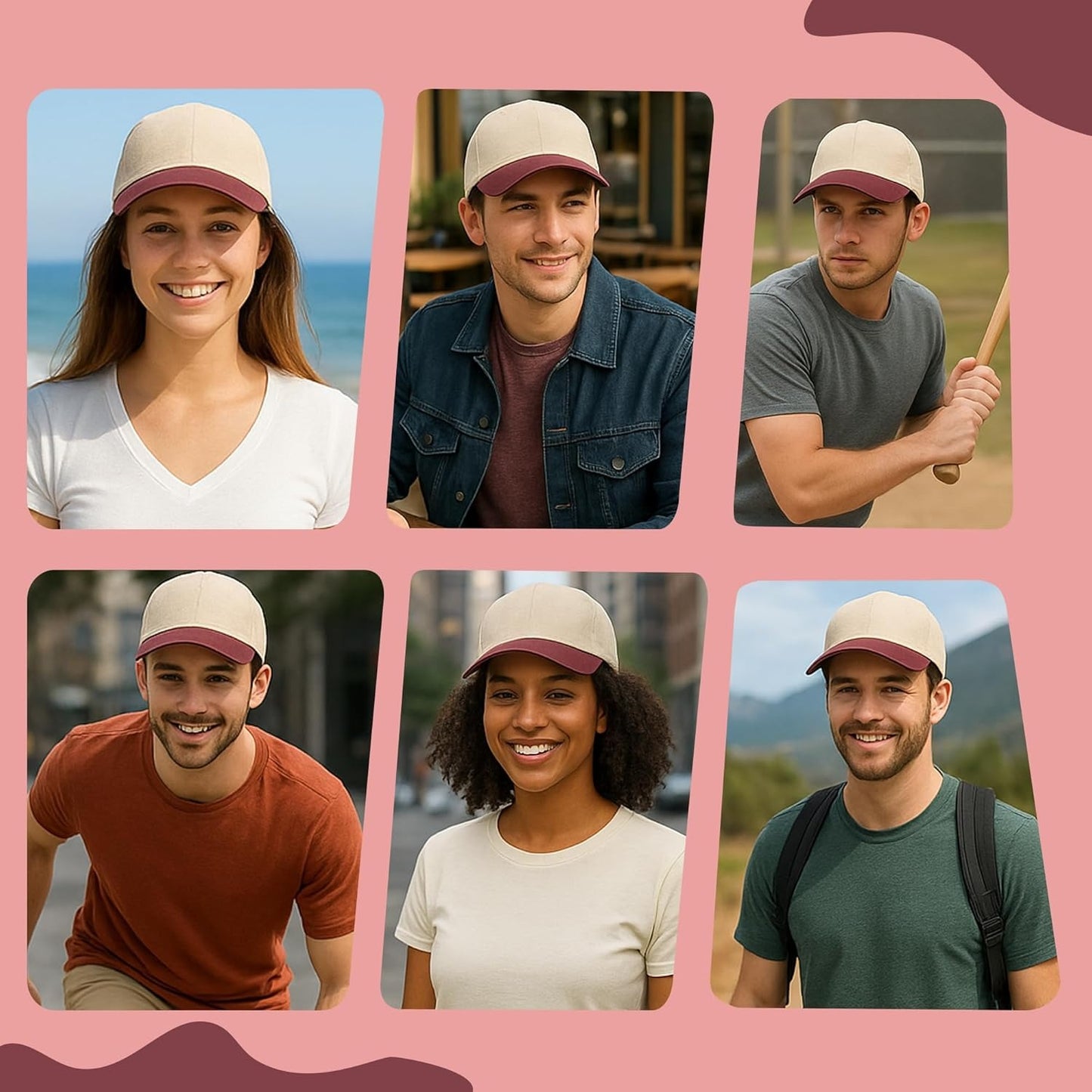 HiFEN® Unisex Low Profile Vintage Cap 100% Natural Cotton Adult 6 Panel Pre-Curved Plain Adjustable Baseball Cap with Contrast Peak