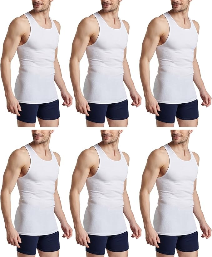 HiFEN® Mens Cotton Summer Vests Lightweight Sleeveless Gym Singlets Undershirts White, Pack of 6