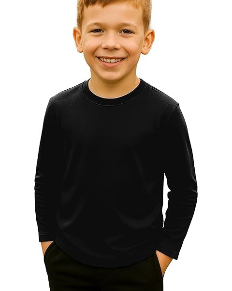 HiFEN® Kids Plain Basic Long Sleeve Round Neck Cotton T-Shirt Stretchy & Comfortable PE School Tee Top Age 3 to 15 Years