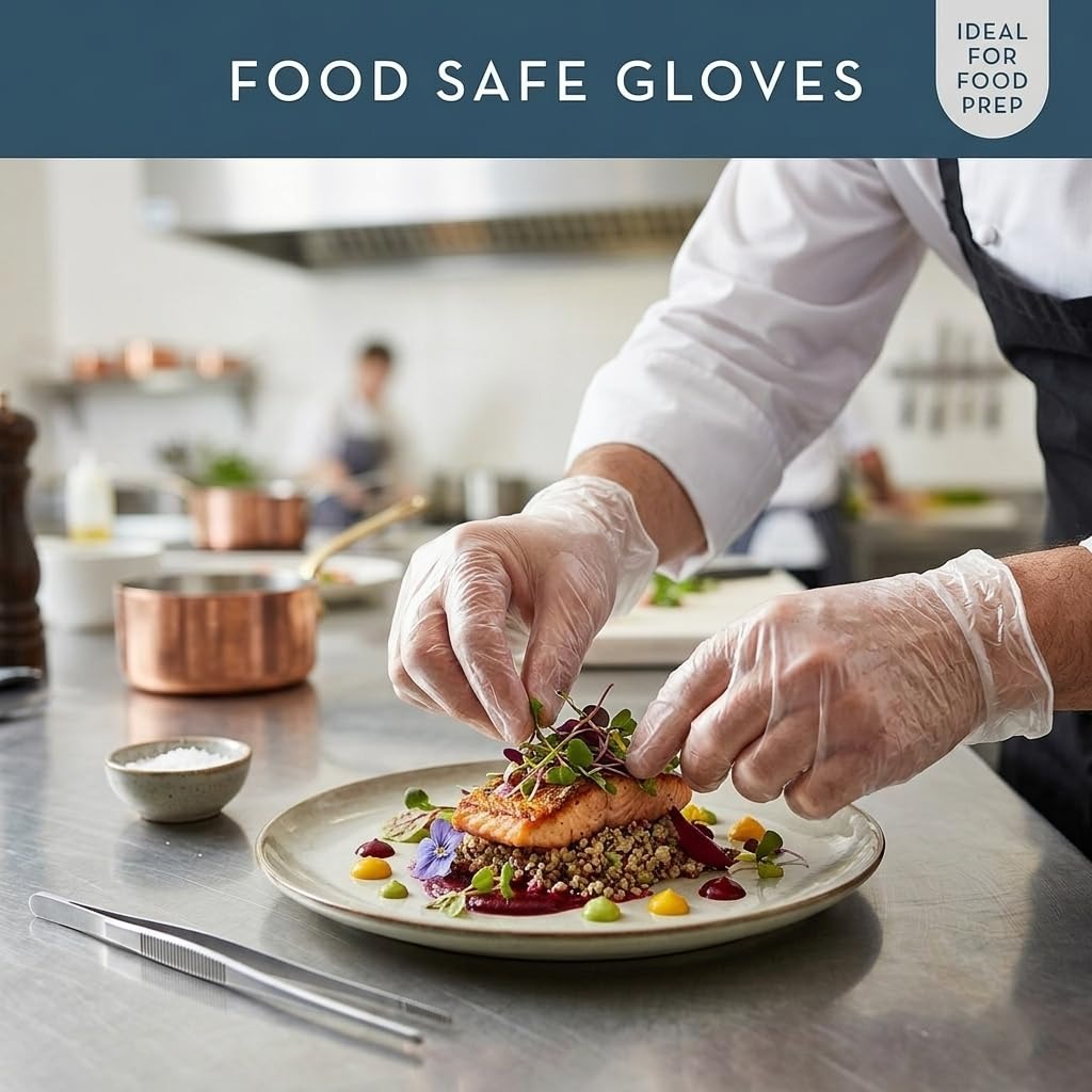 HiFEN® 200 Clear Disposable Gloves, Lightweight Latex & Powder Free Multi Purpose Plastic Gloves for Kitchen Food Prep, Cooking, Cleaning, Household Use & Touchscreen Compatible