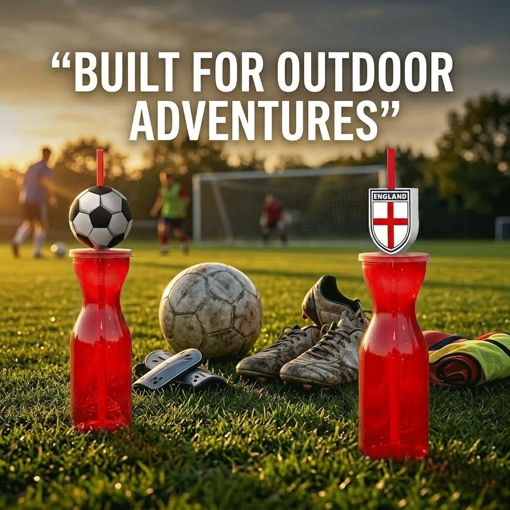 HiFEN® England Football Water Bottle, 500ml/18oz Leak Proof Lid Drinking Bottle with Straw, BPA-Free Easy Clean Hydration Bottle for Football Matches, Sporting Events, Gym & Travel, (Pack of 2)