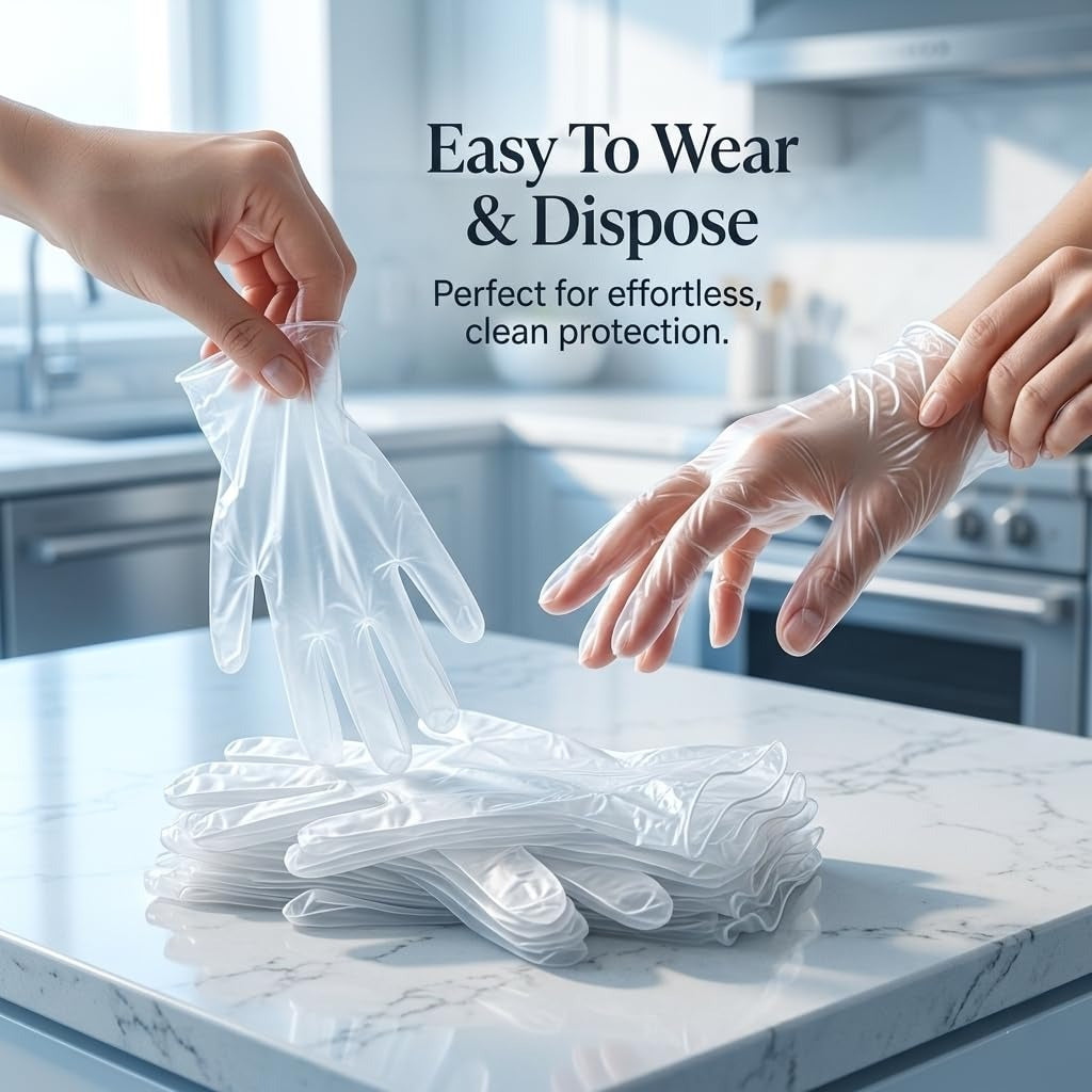 HiFEN® 200 Clear Disposable Gloves, Lightweight Latex & Powder Free Multi Purpose Plastic Gloves for Kitchen Food Prep, Cooking, Cleaning, Household Use & Touchscreen Compatible