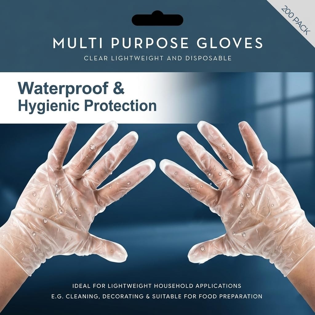 HiFEN® 200 Clear Disposable Gloves, Lightweight Latex & Powder Free Multi Purpose Plastic Gloves for Kitchen Food Prep, Cooking, Cleaning, Household Use & Touchscreen Compatible
